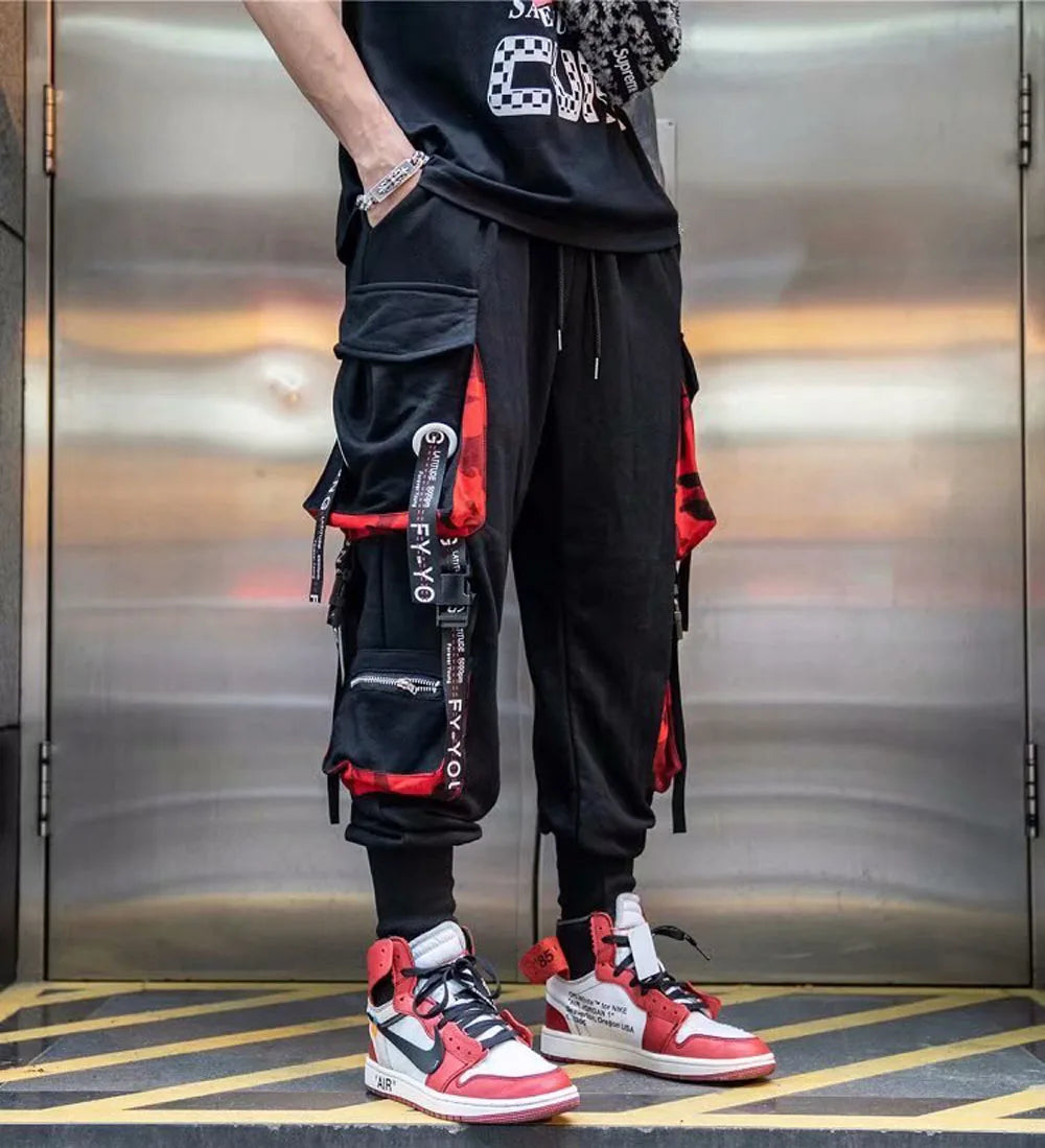 Men's Techwear Cargo Joggers β Streetwear Sweatpants with Contrast Pockets & Straps, Hip Hop Casual Trousers
