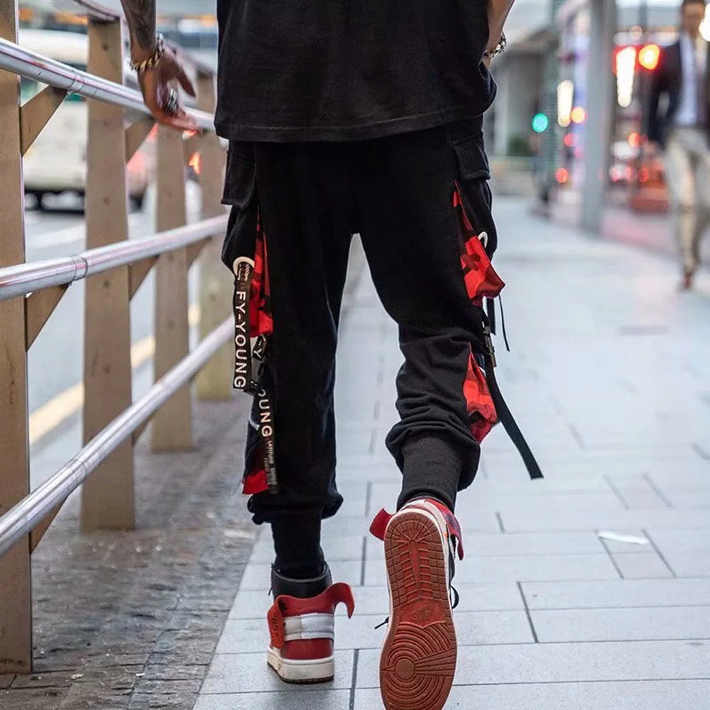 Men's Techwear Cargo Joggers β Streetwear Sweatpants with Contrast Pockets & Straps, Hip Hop Casual Trousers