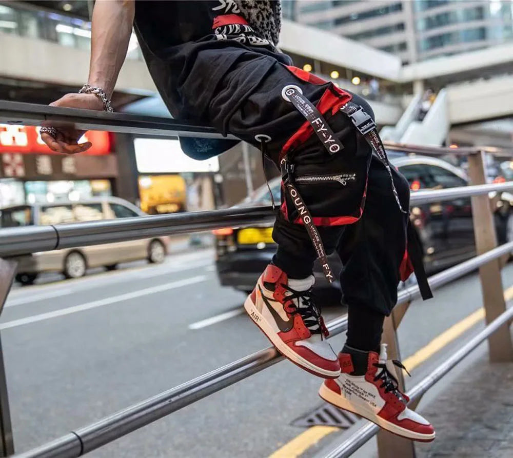 Men's Techwear Cargo Joggers β Streetwear Sweatpants with Contrast Pockets & Straps, Hip Hop Casual Trousers