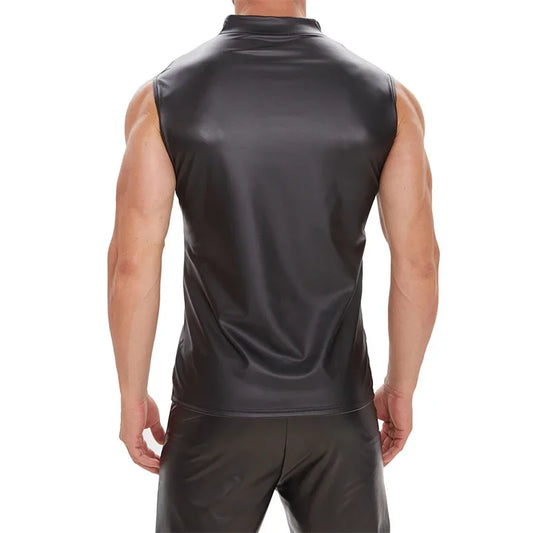 Men's Gothic Punk Sleeveless Zip-Up Shirt – Matte Black Patent Leather Stretch Vest, Summer Slim Fit Clubwear Top