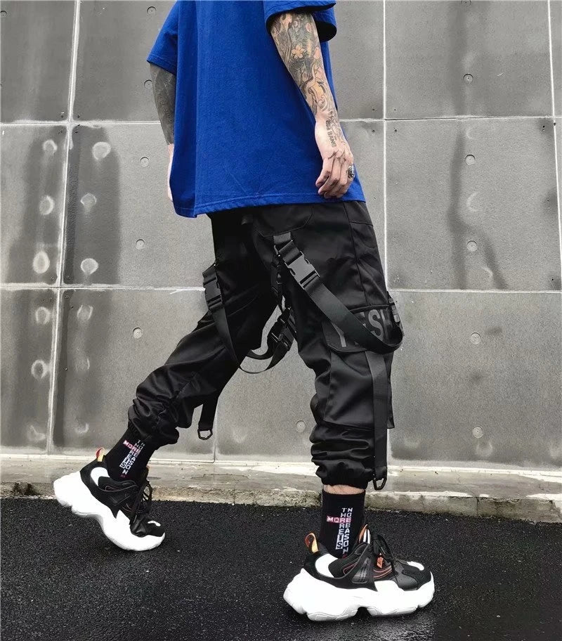 Men's Techwear Cargo Joggers β Streetwear Sweatpants with Contrast Pockets & Straps, Hip Hop Casual Trousers