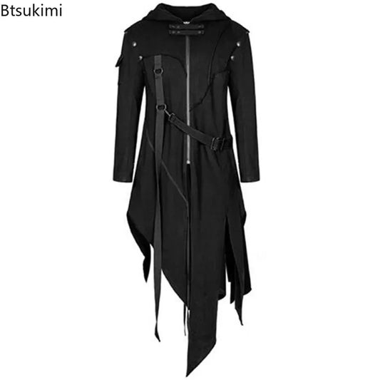 Men's Gothic Punk Hooded Trench Coat – Irregular Long Black Jacket, Halloween Cosplay, Plus Size S-5XL