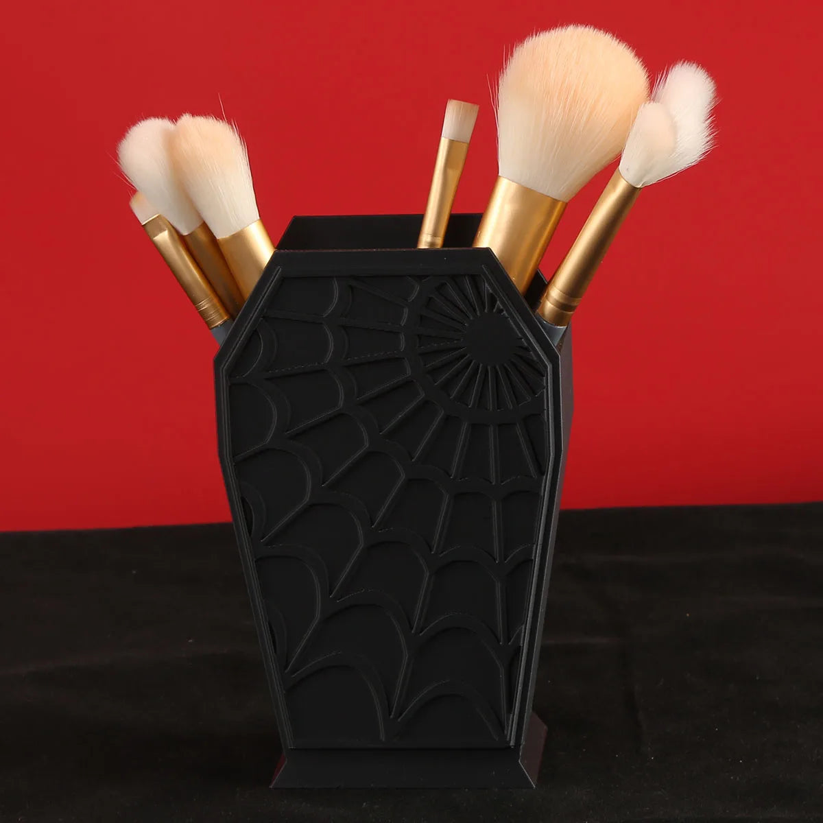 Gothic Coffin-Shaped Spider Web Makeup Brush Holder - Lightweight Plastic Desk Organizer for Vanity or Office Decor