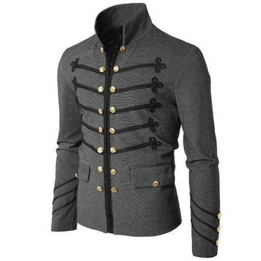 Men's Vintage Military Gothic Parade Jacket – Retro Embroidered Button Coat with Zipper, Solid Color Steampunk Uniform Outerwear
