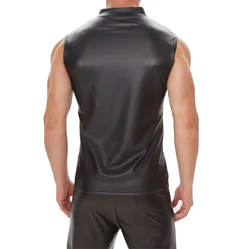 Men's Gothic Punk Sleeveless Zip-Up Shirt β Matte Black Patent Leather Stretch Vest, Summer Slim Fit Clubwear Top