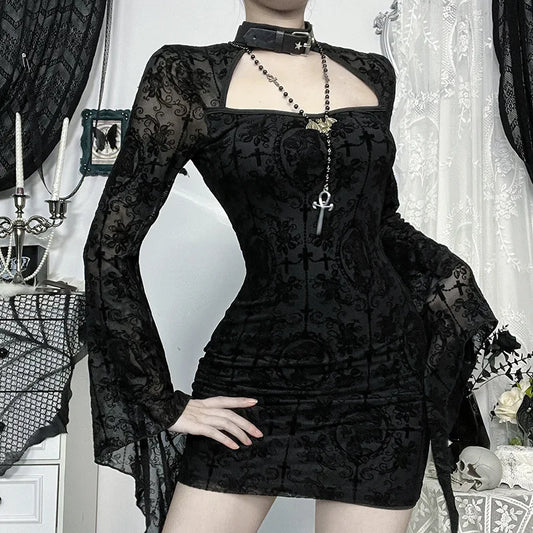 Gothic Mesh Floral Mini Dress – Dark Y2K Bodycon Party Dress for Women | Flare Sleeves, Zipper Back, Flocked Floral Alt Fashion