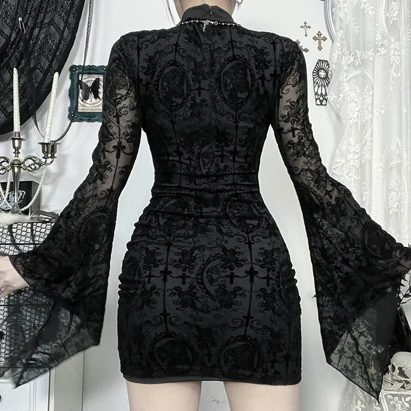 Gothic Mesh Floral Mini Dress – Dark Y2K Bodycon Party Dress for Women | Flare Sleeves, Zipper Back, Flocked Floral Alt Fashion
