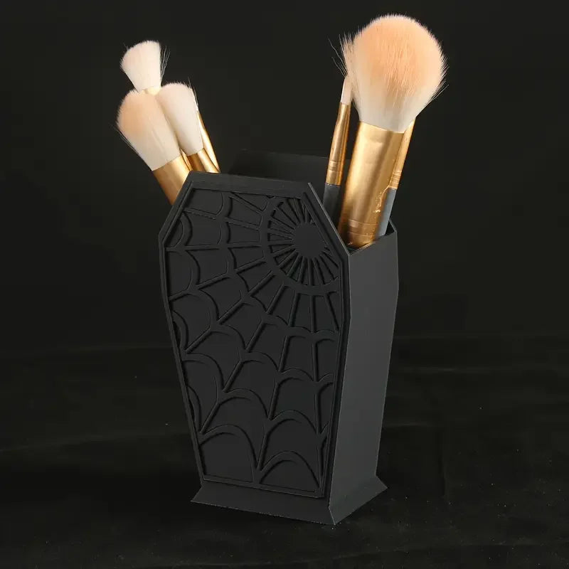 Gothic Coffin-Shaped Spider Web Makeup Brush Holder - Lightweight Plastic Desk Organizer for Vanity or Office Decor