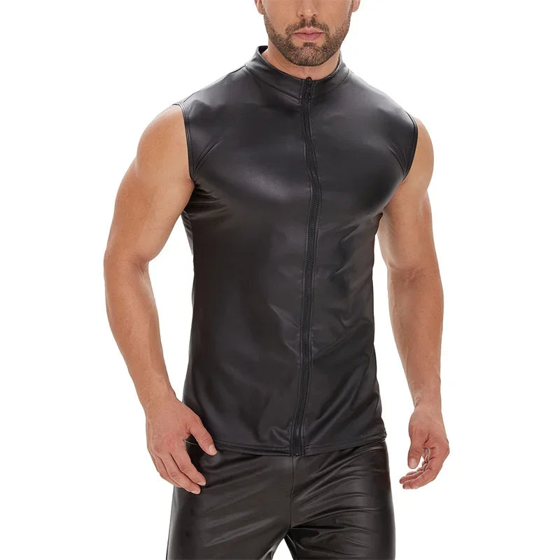 Men's Gothic Punk Sleeveless Zip-Up Shirt β Matte Black Patent Leather Stretch Vest, Summer Slim Fit Clubwear Top