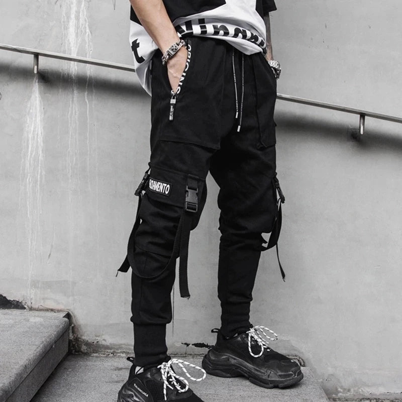 Men's Techwear Cargo Joggers β Streetwear Sweatpants with Contrast Pockets & Straps, Hip Hop Casual Trousers