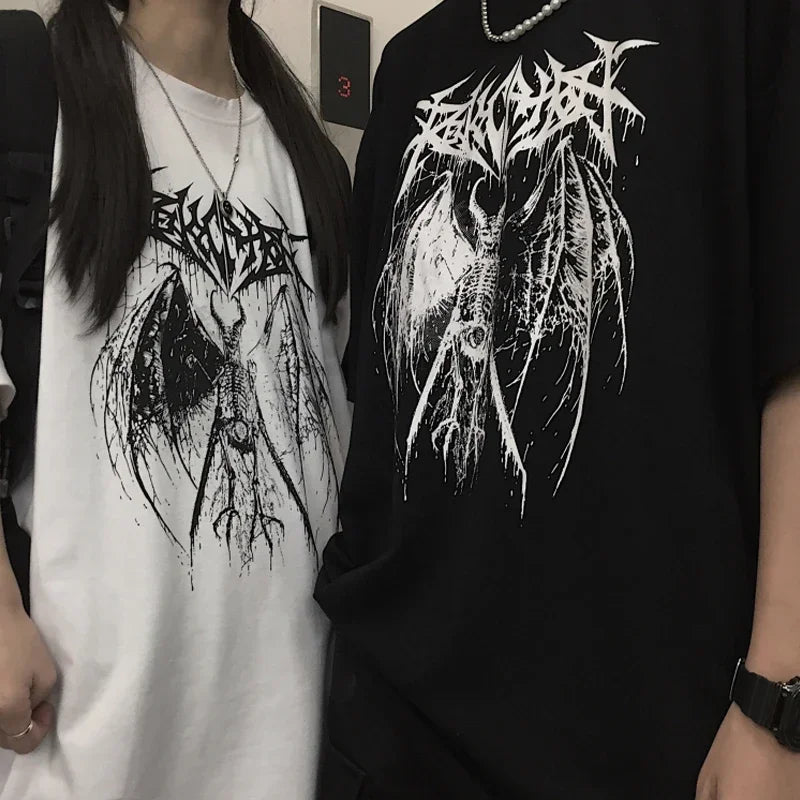 Women's T-shirt Harajuku Y2K Top Oversized T Shirt Retro Korean Style Black Demon Punk Gothic Anime Print Clothes Streetwear