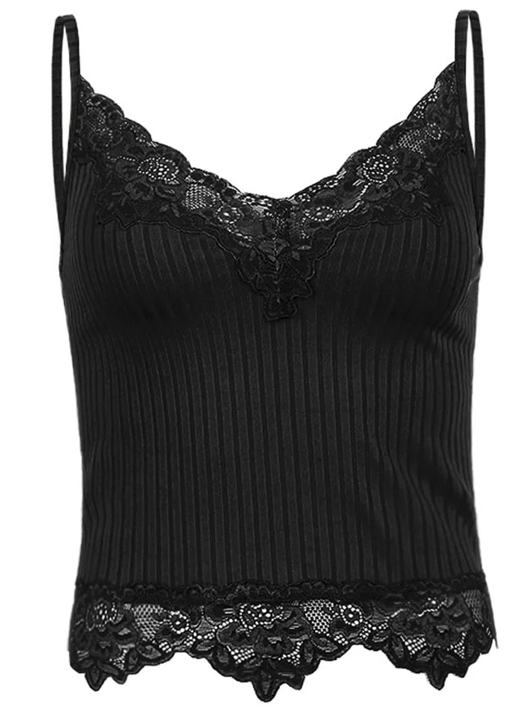 Gothic Lace Trim Ribbed Crop Top β Black Bodycon Backless Camisole for Women | Grunge Punk Alt Summer Fashion | ''Free Shipping''