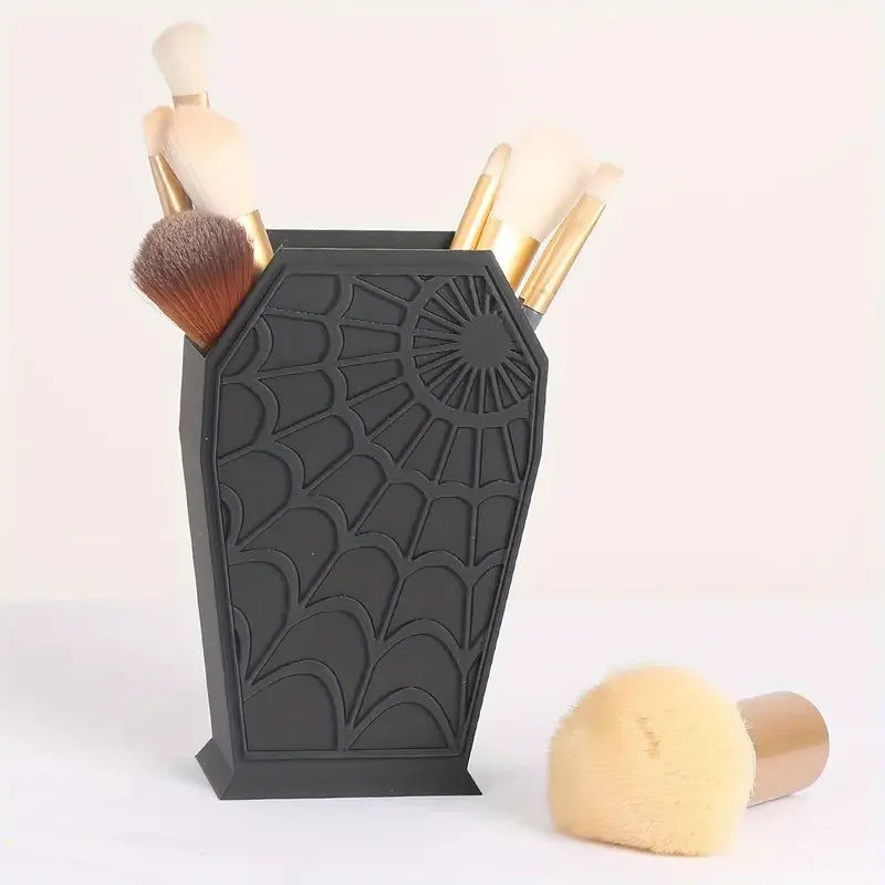 Gothic Coffin-Shaped Spider Web Makeup Brush Holder - Lightweight Plastic Desk Organizer for Vanity or Office Decor