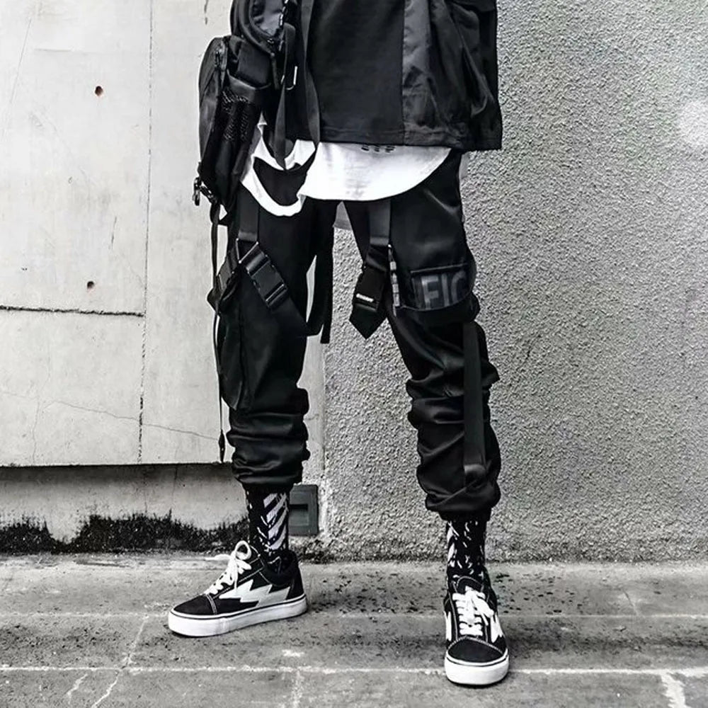 Men's Techwear Cargo Joggers – Streetwear Sweatpants with Contrast Pockets & Straps, Hip Hop Casual Trousers