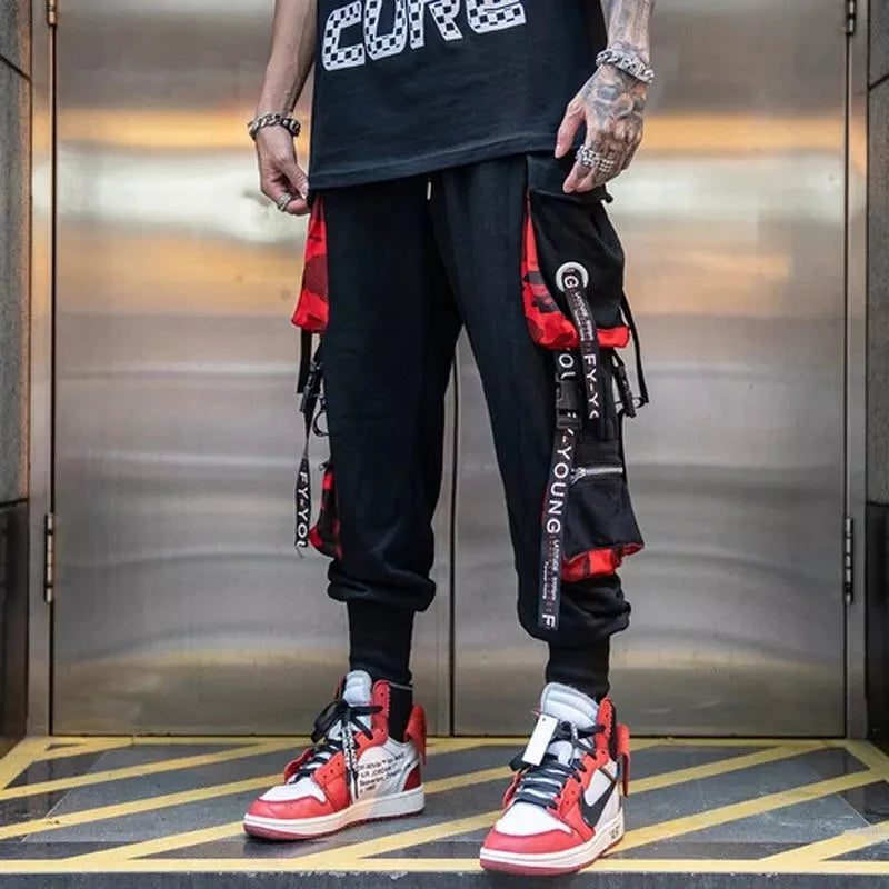 Men's Techwear Cargo Joggers – Streetwear Sweatpants with Contrast Pockets & Straps, Hip Hop Casual Trousers