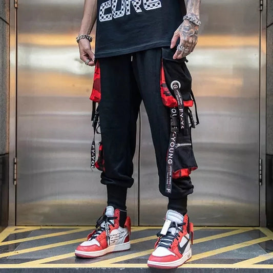 Men's Techwear Cargo Joggers – Streetwear Sweatpants with Contrast Pockets & Straps, Hip Hop Casual Trousers