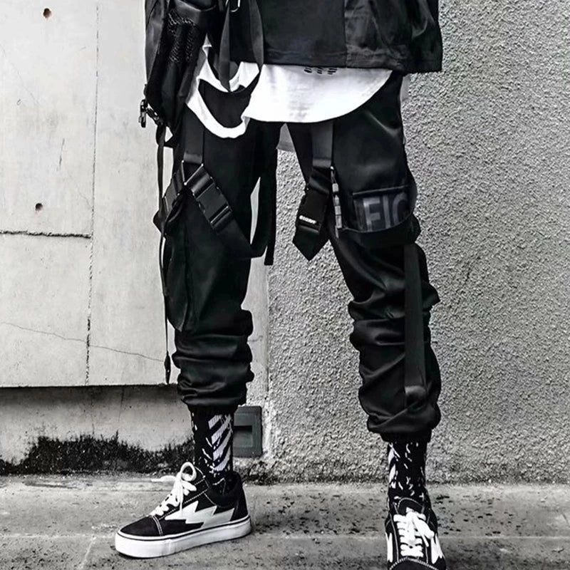 Men's Techwear Cargo Joggers – Streetwear Sweatpants with Contrast Pockets & Straps, Hip Hop Casual Trousers