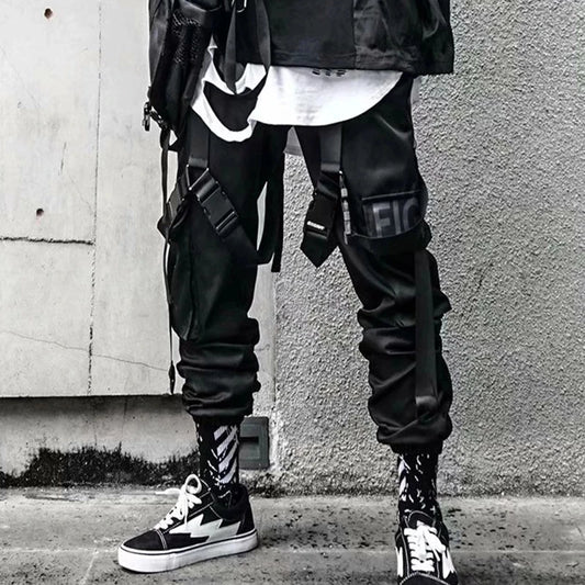 Men's Techwear Cargo Joggers – Streetwear Sweatpants with Contrast Pockets & Straps, Hip Hop Casual Trousers