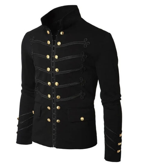 Men's Vintage Military Gothic Parade Jacket – Retro Embroidered Button Coat with Zipper, Solid Color Steampunk Uniform Outerwear