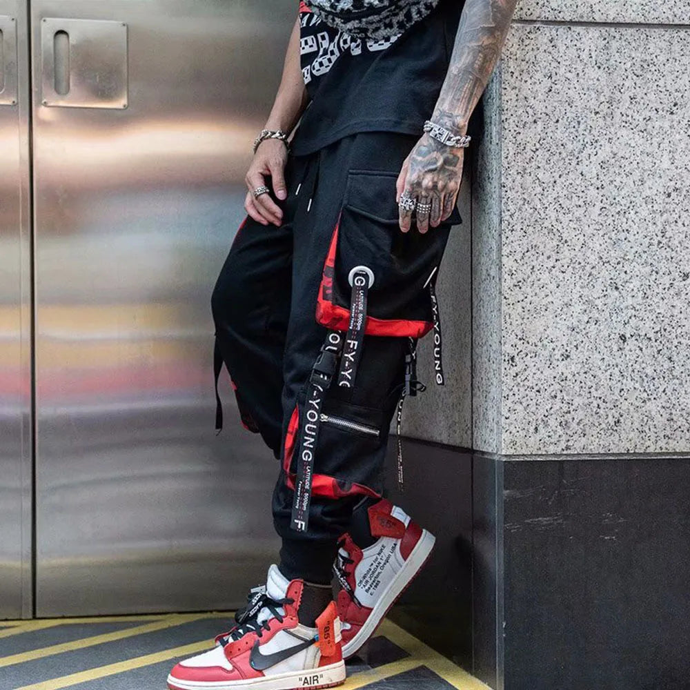 Men's Techwear Cargo Joggers – Streetwear Sweatpants with Contrast Pockets & Straps, Hip Hop Casual Trousers