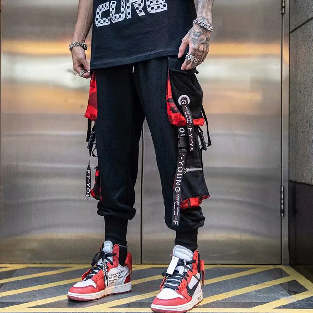 Men's Techwear Cargo Joggers – Streetwear Sweatpants with Contrast Pockets & Straps, Hip Hop Casual Trousers