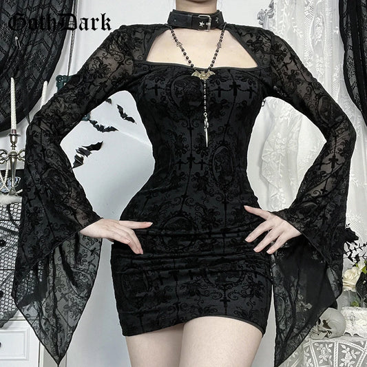 Gothic Mesh Floral Mini Dress – Dark Y2K Bodycon Party Dress for Women | Flare Sleeves, Zipper Back, Flocked Floral Alt Fashion