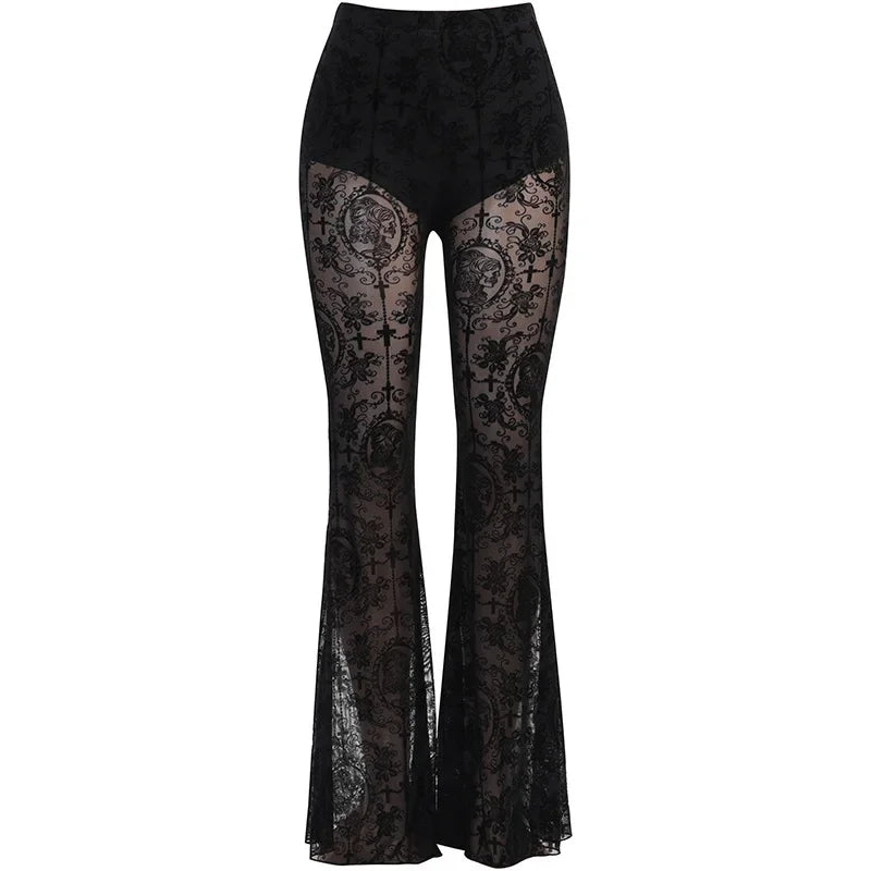 Gothic Mesh Flare Pants – Dark Vintage High-Waist Slim Trousers for Women | Grunge Punk Alt Clothing