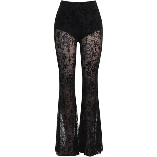 Gothic Mesh Flare Pants – Dark Vintage High-Waist Slim Trousers for Women | Grunge Punk Alt Clothing