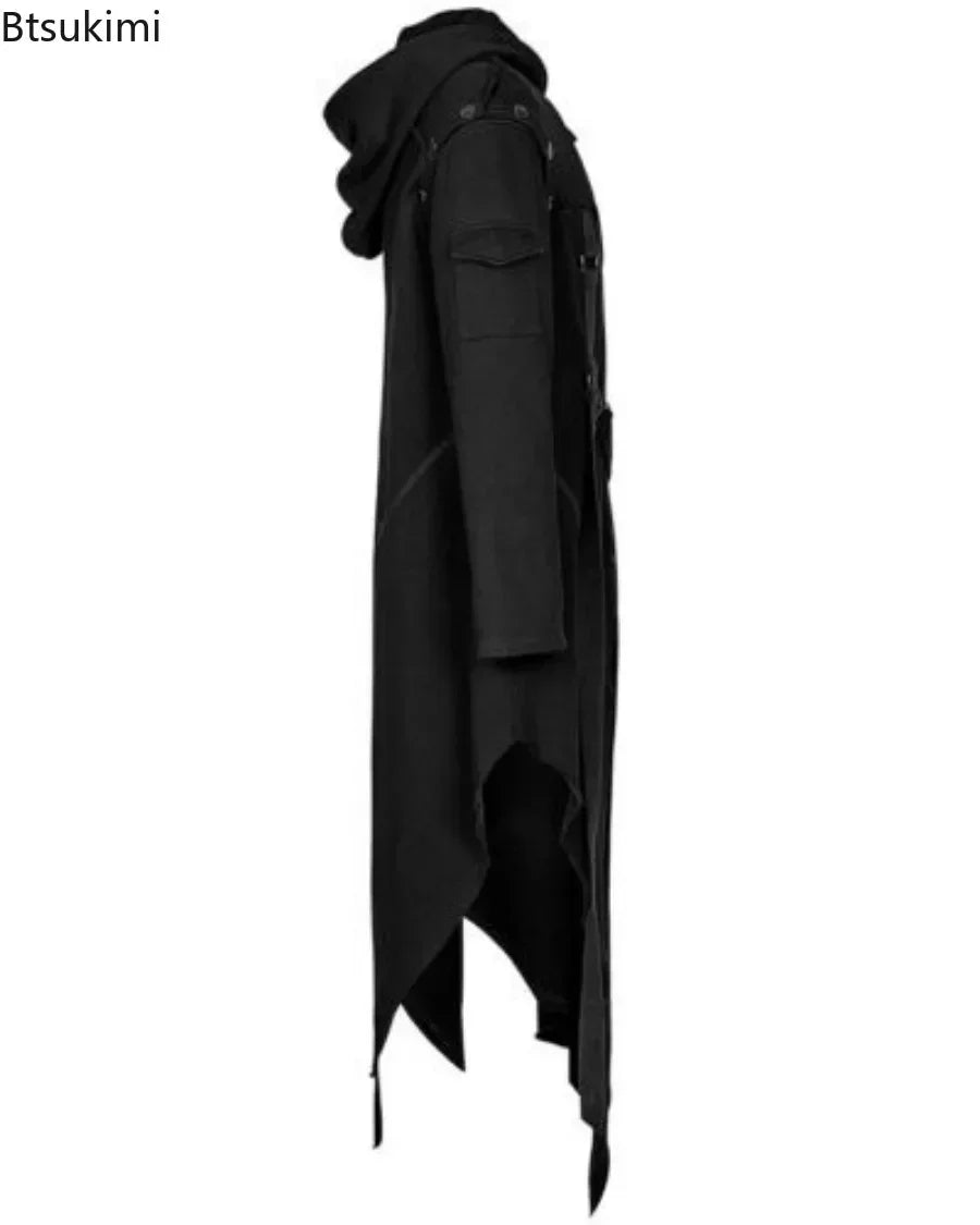 Men's Gothic Punk Hooded Trench Coat – Irregular Long Black Jacket, Halloween Cosplay, Plus Size S-5XL