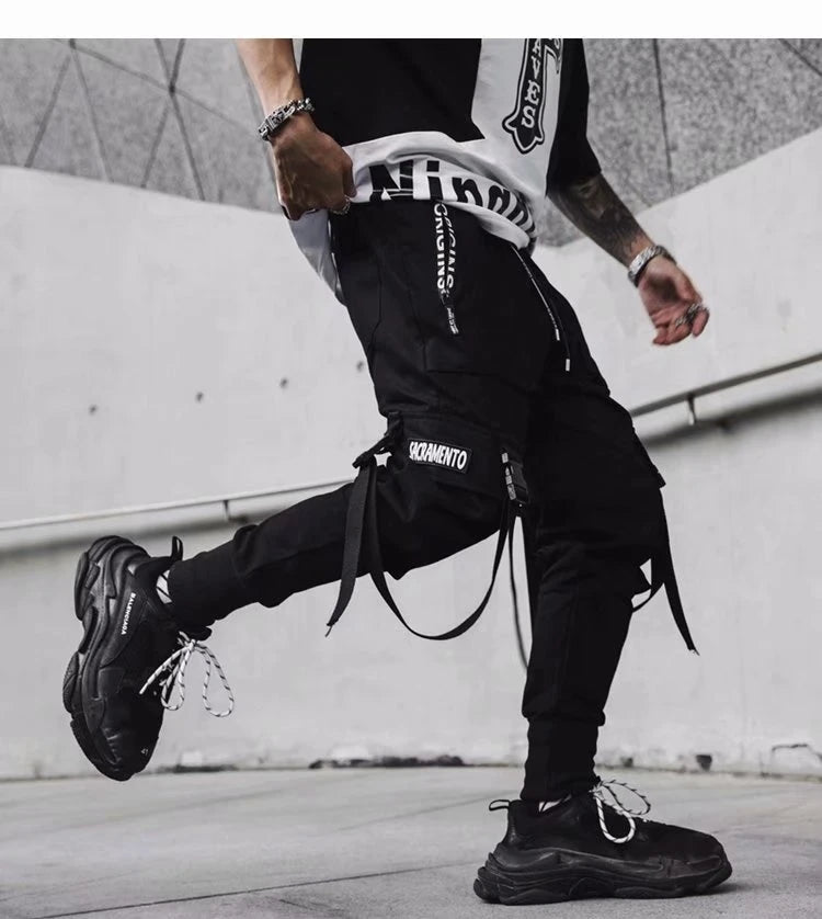 Men's Techwear Cargo Joggers – Streetwear Sweatpants with Contrast Pockets & Straps, Hip Hop Casual Trousers