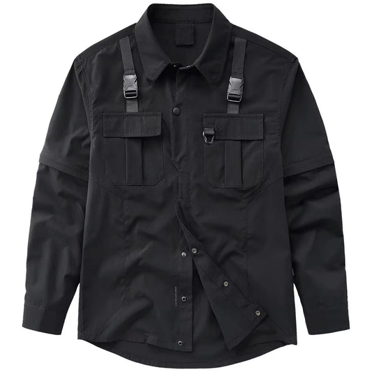 Men's Gothic Black Strap Shirt – Techwear Harajuku Button-Up with Shoulder Straps, Streetwear Oversized Top