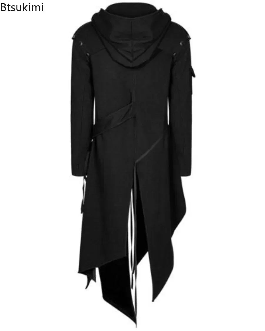 Men's Gothic Punk Hooded Trench Coat – Irregular Long Black Jacket, Halloween Cosplay, Plus Size S-5XL