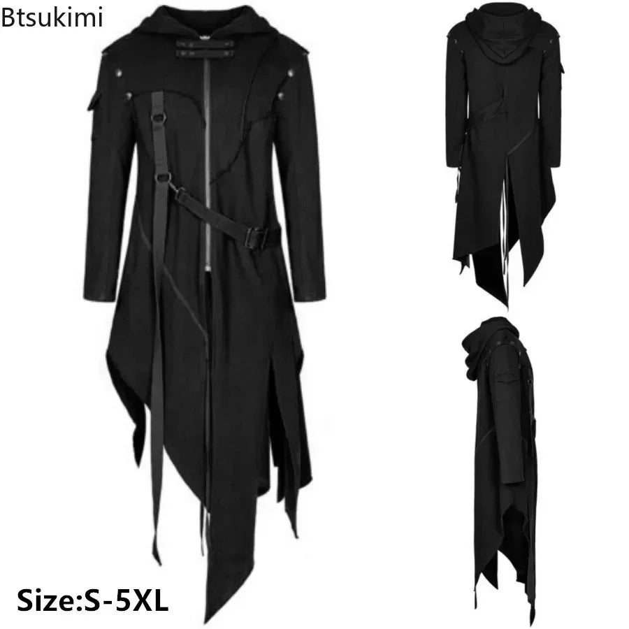 Men's Gothic Punk Hooded Trench Coat – Irregular Long Black Jacket, Halloween Cosplay, Plus Size S-5XL