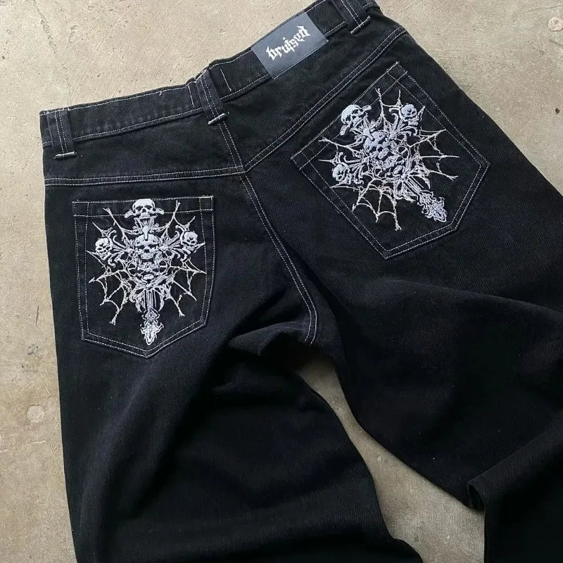 Men's Y2K Gothic Skeleton Print Oversized Jeans – Harajuku Wide-Leg Streetwear Pants, Hip Hop Rock Denim