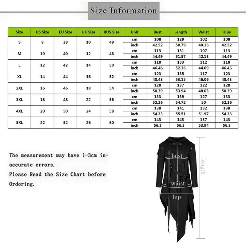 Men's Gothic Punk Hooded Trench Coat – Irregular Long Black Jacket, Halloween Cosplay, Plus Size S-5XL
