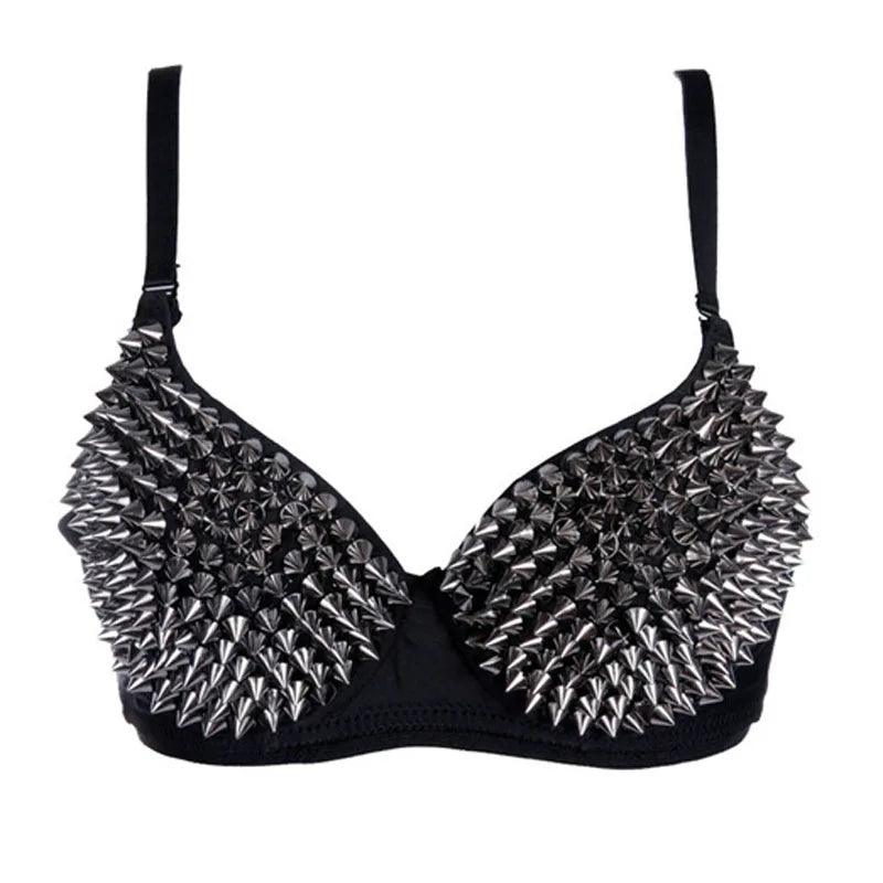 Gothic Silver Rivet Bralette – Punk Rave Push-Up Lingerie Top for Women | Sexy Clubwear Bra for Night Out & Party Looks