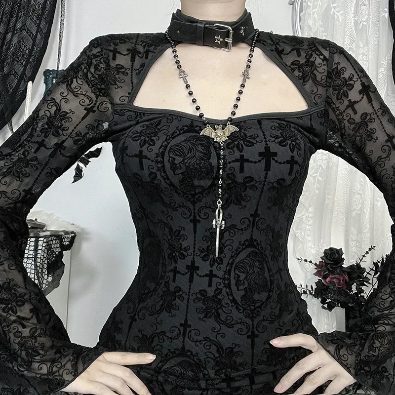 Gothic Mesh Floral Mini Dress – Dark Y2K Bodycon Party Dress for Women | Flare Sleeves, Zipper Back, Flocked Floral Alt Fashion