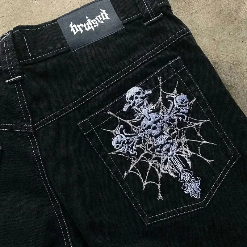 Men's Y2K Gothic Skeleton Print Oversized Jeans – Harajuku Wide-Leg Streetwear Pants, Hip Hop Rock Denim