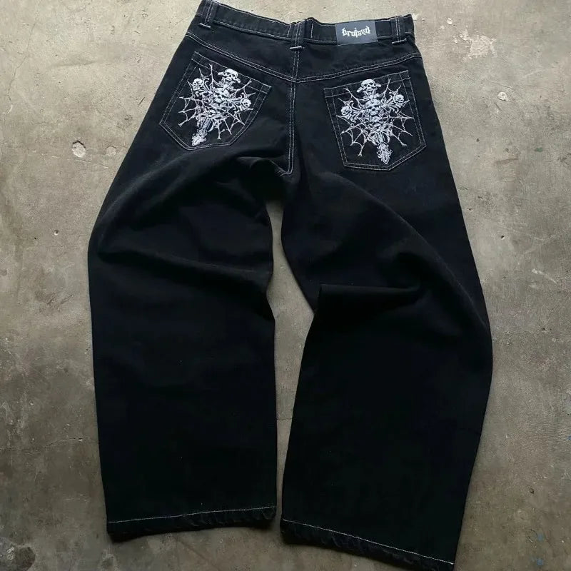 Men's Y2K Gothic Skeleton Print Oversized Jeans – Harajuku Wide-Leg Streetwear Pants, Hip Hop Rock Denim