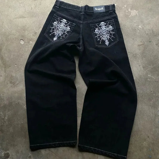 Men's Y2K Gothic Skeleton Print Oversized Jeans – Harajuku Wide-Leg Streetwear Pants, Hip Hop Rock Denim