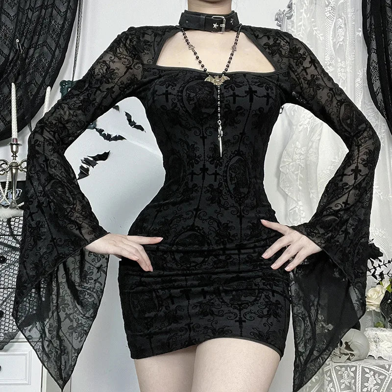Gothic Mesh Floral Mini Dress – Dark Y2K Bodycon Party Dress for Women | Flare Sleeves, Zipper Back, Flocked Floral Alt Fashion