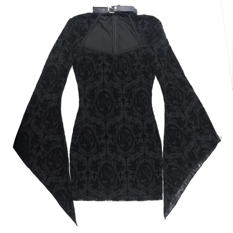 Gothic Mesh Floral Mini Dress – Dark Y2K Bodycon Party Dress for Women | Flare Sleeves, Zipper Back, Flocked Floral Alt Fashion
