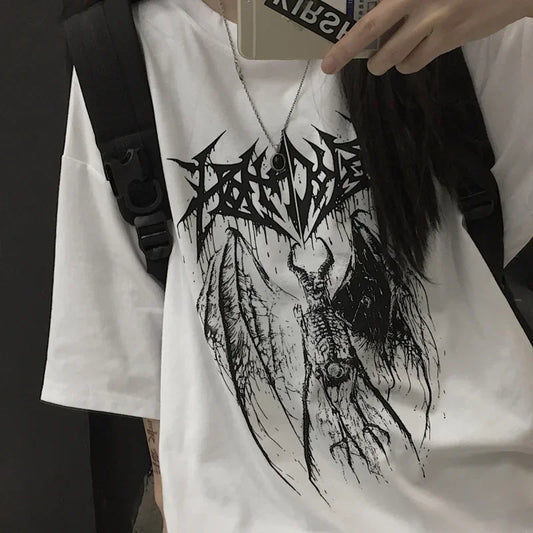 Women's T-shirt Harajuku Y2K Top Oversized T Shirt Retro Korean Style Black Demon Punk Gothic Anime Print Clothes Streetwear
