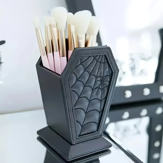 Gothic Coffin-Shaped Spider Web Makeup Brush Holder - Lightweight Plastic Desk Organizer for Vanity or Office Decor