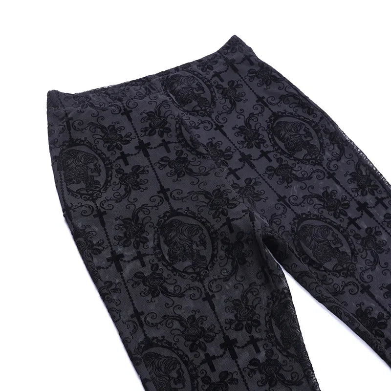 Gothic Mesh Flare Pants – Dark Vintage High-Waist Slim Trousers for Women | Grunge Punk Alt Clothing