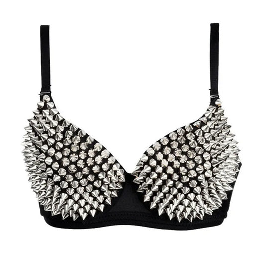 Gothic Silver Rivet Bralette – Punk Rave Push-Up Lingerie Top for Women | Sexy Clubwear Bra for Night Out & Party Looks