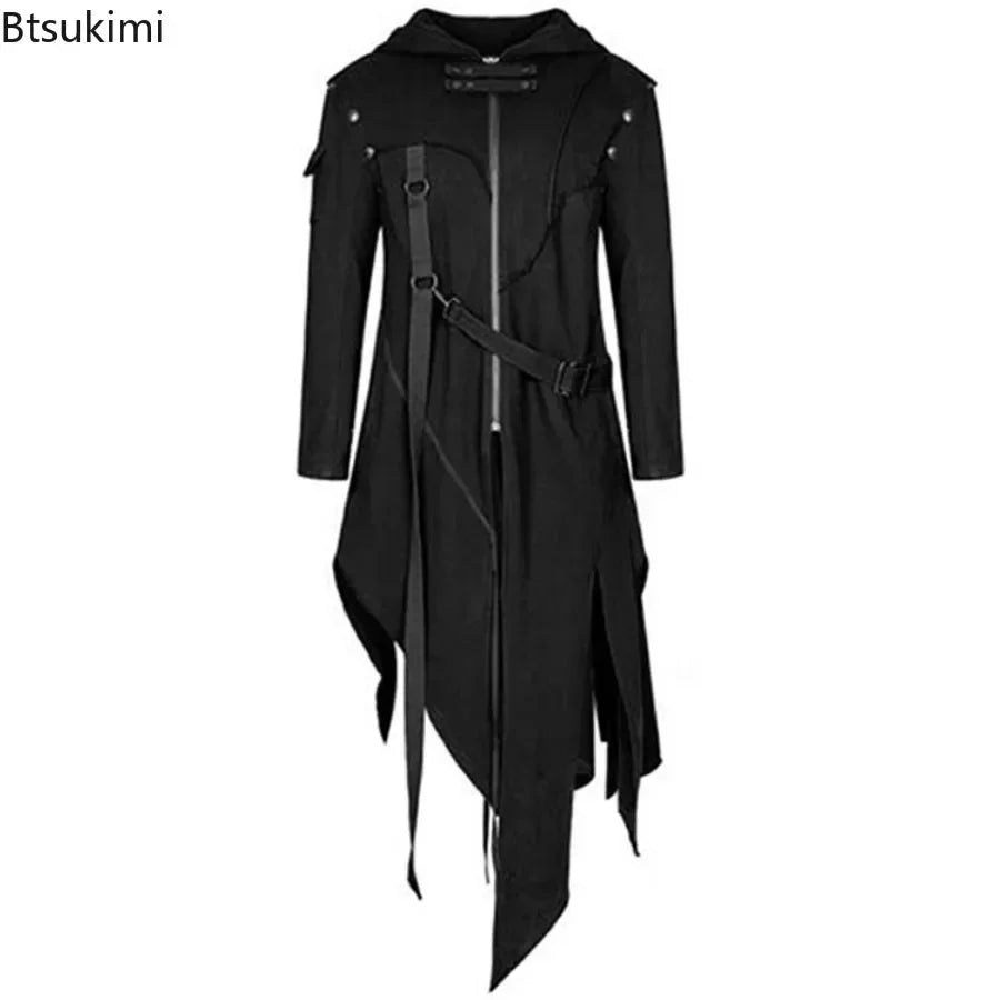 Men's Gothic Punk Hooded Trench Coat – Irregular Long Black Jacket, Halloween Cosplay, Plus Size S-5XL