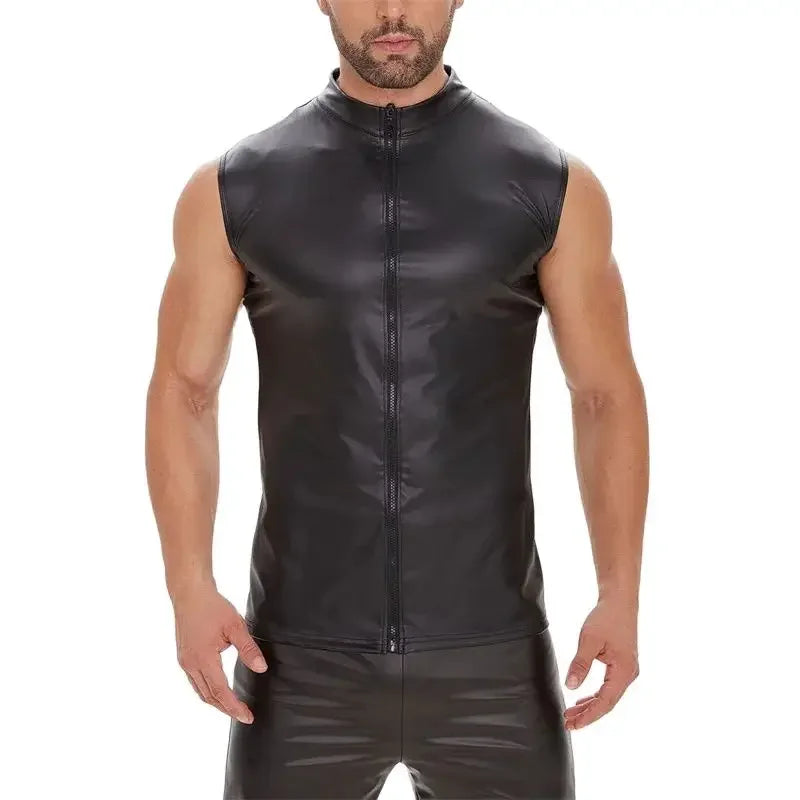 Men's Gothic Punk Sleeveless Zip-Up Shirt – Matte Black Patent Leather Stretch Vest, Summer Slim Fit Clubwear Top