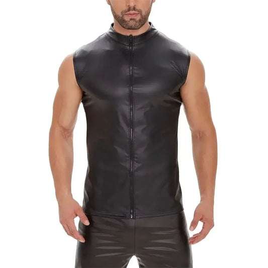 Men's Gothic Punk Sleeveless Zip-Up Shirt – Matte Black Patent Leather Stretch Vest, Summer Slim Fit Clubwear Top