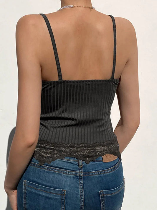 Gothic Lace Trim Ribbed Crop Top – Black Bodycon Backless Camisole for Women | Grunge Punk Alt Summer Fashion | ''Free Shipping''